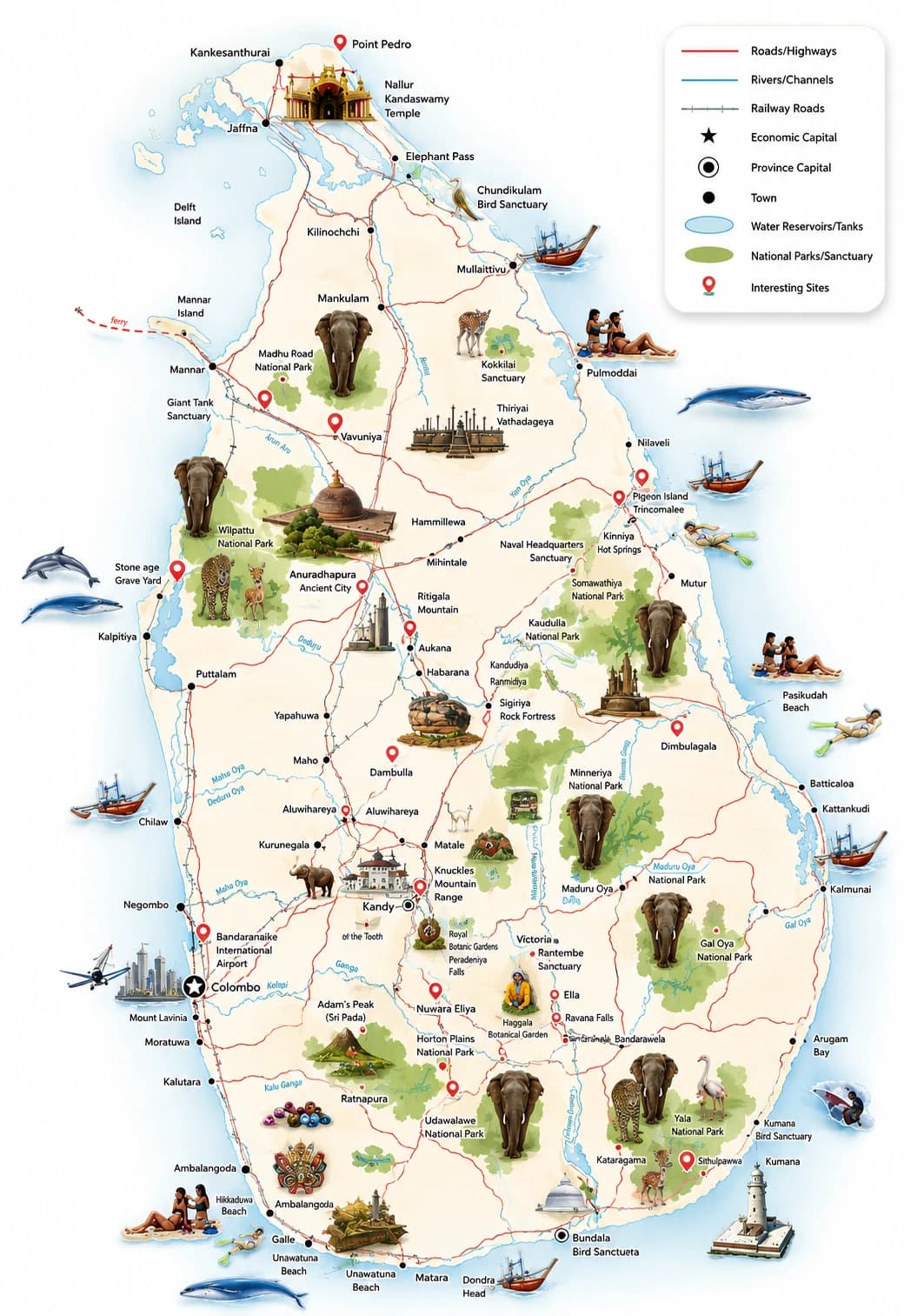 Detailed Sri Lanka tourism map showing roads, railways, rivers, parks, cities and visitor attractions